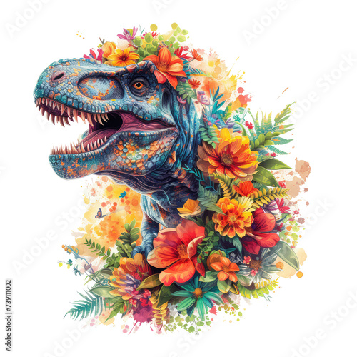 T-Rex made of flowers water painting vintage vivid colors