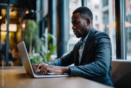 Close-up of a handsome Successful African American male entrepreneur, small business owner, businessman using a laptop computer and working online in a modern office.