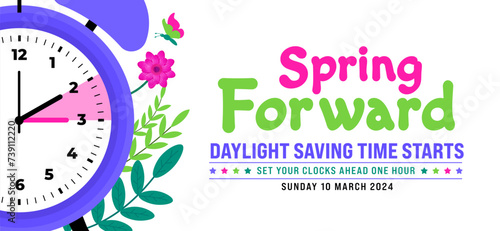 Spring Forward concept 2024 banner. Daylight Saving Time Starts background with cartoon doodle style with funny clock flower. schedule of changing clocks at march 10, 2024. Spring Forward clock banner