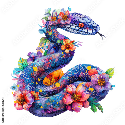 Snake made of flowers water painting vintage vivid colors