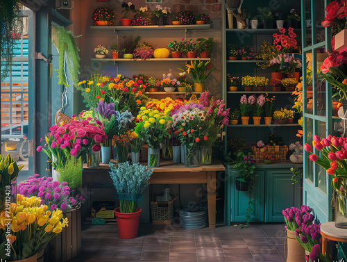 Cozy urban florist shop adorned with colorful flowers