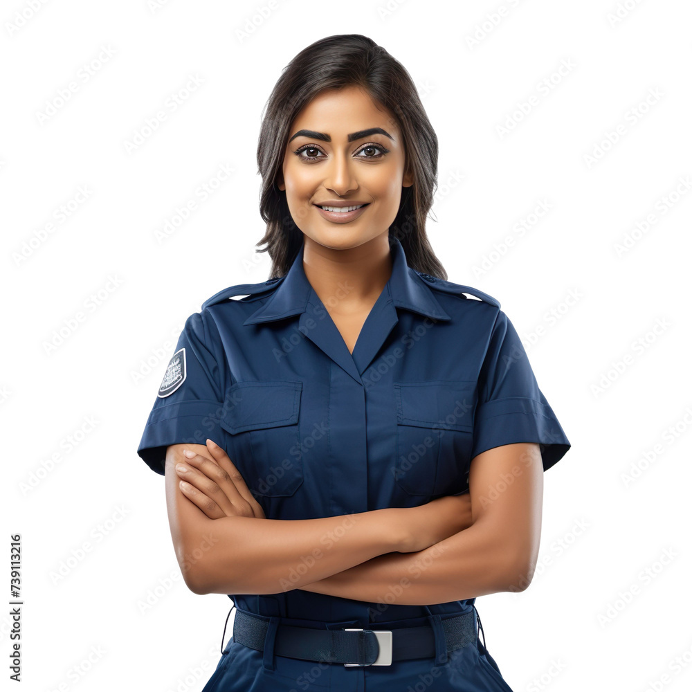Front view mid body shot of an extremely beautiful Indian female model dressed as a Paramedic smiling with arms folded, isolated on a white transparent background Front view mid body shot of an extremely beautiful Indian female model dressed as a Paramedic smiling with arms folded, isolated on a white transparent background