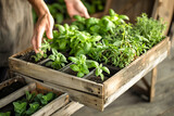 Contemporary farmer expect customers at his farm, Vibrant herbs â€“ basil, mint, rosemary arranged on a weathered wooden stand.