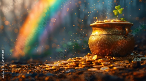 Enchanted scene with a pot full of shimmering gold coins and a lucky clover set against a radiant rainbow, perfect for St. Patrick's Day themes