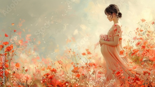 A serene pregnant woman in a floral field, embodying the beauty and tranquility of motherhood amidst vibrant red poppies and soft sunlight.