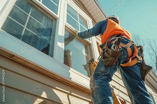 Skilled craftsmen work on replacing PVC windows, with tools in hand, showcasing precision in residential renovation.