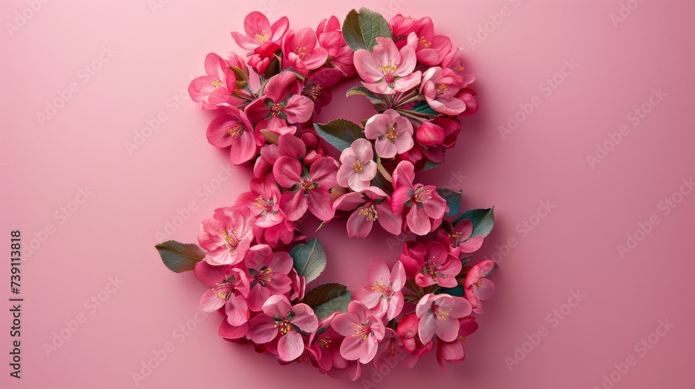 Floral number eight composed of vibrant pink apple blossoms on a soft pink background, symbolizing spring and Women's Day
