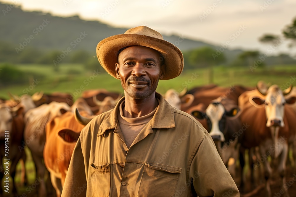 A farmer ensuring the health and productivity of selectively bred diseaseresistant cattle. Concept Agriculture, Livestock Farming, Cattle Breeding, Disease Resistance, Farmer Health Care - obrazy, fototapety, plakaty 