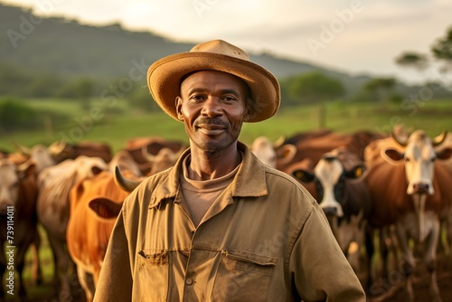 A farmer ensuring the health and productivity of selectively bred diseaseresistant cattle. Concept Agriculture, Livestock Farming, Cattle Breeding, Disease Resistance, Farmer Health Care photo