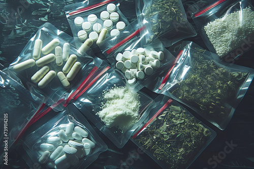 Assorted Pills and Drugs in Sealed Bags Ready to Sell on the Streets. Multiple bags of various drugs displayed, depicting drug varieties for sale or substance abuse issues. photo