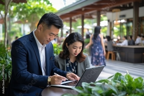 A beautiful man and a woman Asian Businessmen working on a tablet using artificial intelligence, modern technologies, the Internet in a modern eco office.
