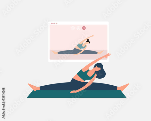 Yoga online course Women watching online yoga tutorials and working out at home vector illustration.