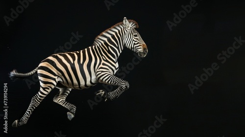 Zebra jump on a black background. Flying animal.