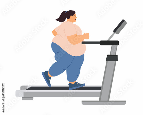 Overweight women jogging or running on treadmill for weight loss cardio workout vector illustration