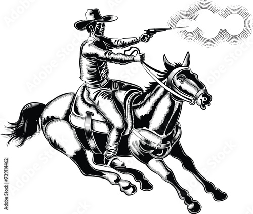  cowboy in a hat on a horse shooting from a revolver