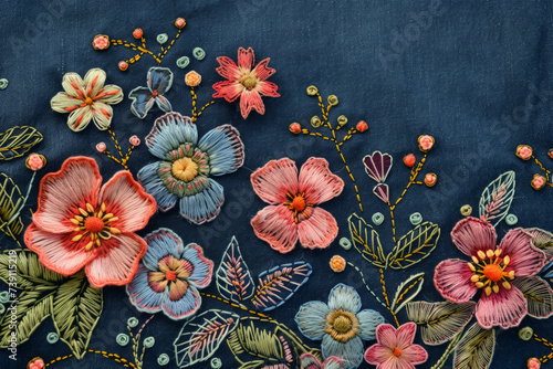 Background of , floral embroidery on top of the denim fabric