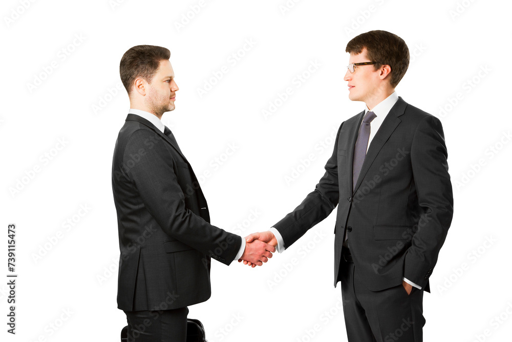 Rear view of businessmen handshake, agreement gesture isolated on white Rear view of businessmen handshake, agreement gesture isolated on white