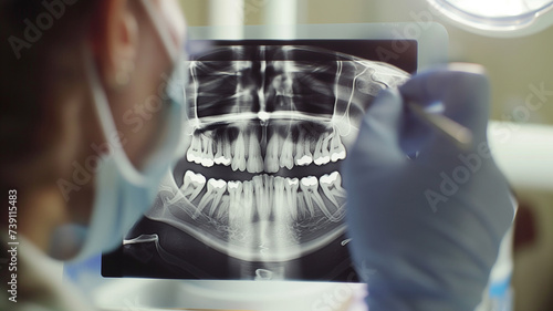 A detailed dental X-ray being examined by a professional, highlighting the diagnostic process in dentistry photo