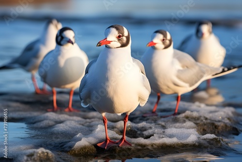 Winter Gathering of Adult Black Headed Gulls on Icy Pond. Concept Bird Watching, Winter Wildlife, Lake Birds, Nature Photography, Winter Wildlife Behavior