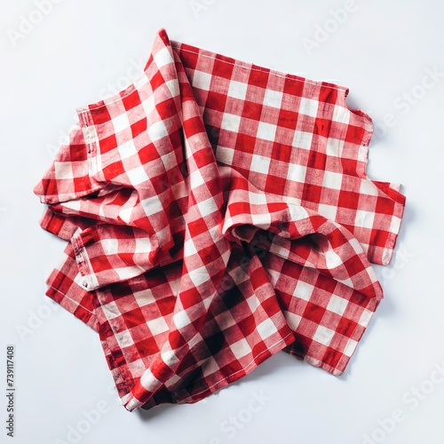 Top view napkin checkers red and white on a white background. Fabric crumpled red and white Isolated with copy space.