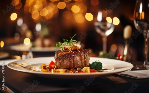 Close up to delicious gourmet dish with bokeh lights of elegant restaurant as background. Meat, potatoes, greens. AI Generative.
