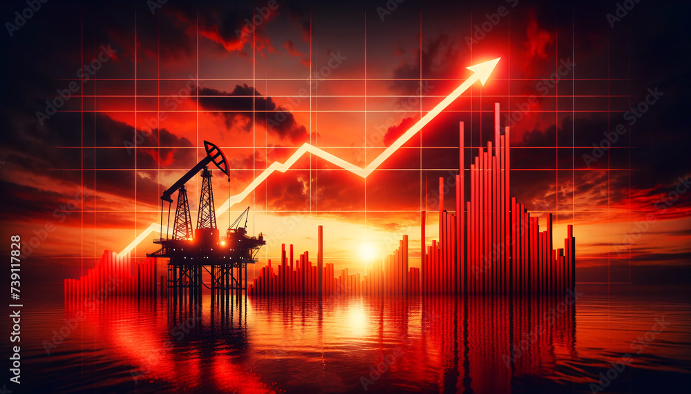 Fototapeta premium Oil Prices Rising with Drilling Rig at Sunset