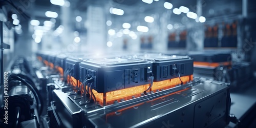 Efficient manufacturing of electric vehicle batteries in a bustling industrial plant. Concept Electric Vehicles, Battery Manufacturing, Industrial Plant, Efficiency, Sustainable Technology photo