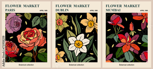 Abstract Flower Market poster set. Trendy botanical wall art with floral design in bright colors on dark background. Modern naive groovy funky interior decoration, painting. Vector art illustration.