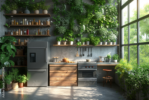 A sustainable kitchen featuring energy-efficient appliances, compostable kitchenware, and a vertical herb garden for fresh, homegrown ingredients. Concept of sustainable cooking. Generative Ai. photo