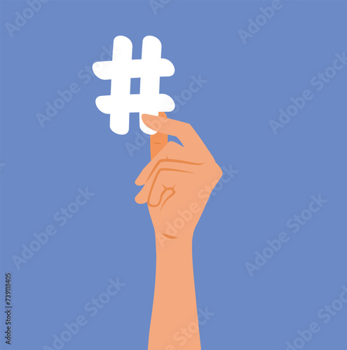 Hand Holding a Hashtag Sign Vector Cartoon illustration. Blogger influencer making a trendy post on social media 