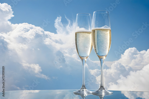 Two champagne glasses poised delicately against a backdrop of wispy clouds, casting subtle reflections that suggest a sunlit sky, champagne effervescence captured mid-ascent. Generative AI