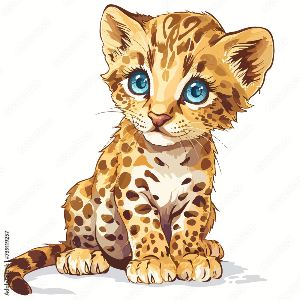 Illustration of cute leopard cub sitting on white background - vector