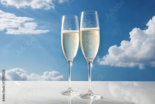 Two champagne glasses poised delicately against a backdrop of wispy clouds, casting subtle reflections that suggest a sunlit sky, champagne effervescence captured mid-ascent. Generative AI