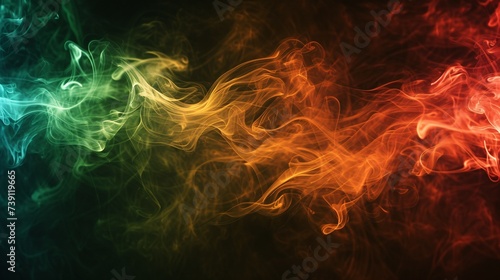 Colorful smoke abstract on dark backdrop with red, green, and brown ink patterns.