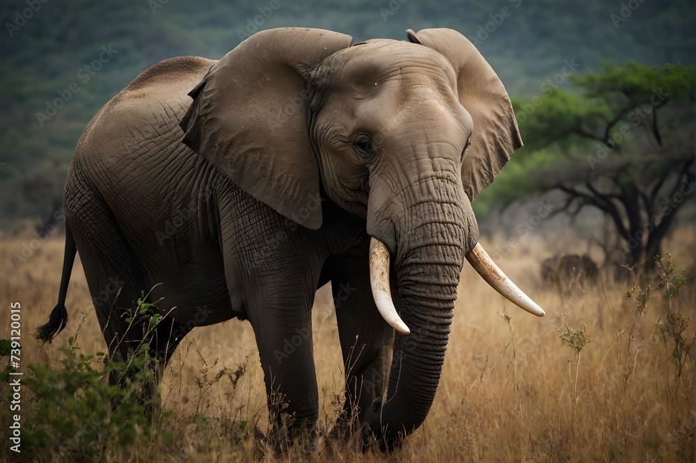 Fototapeta premium Wildlife Wonders: The Majestic Elephant and its Tranquil Existence in the African Wilderness, generative AI