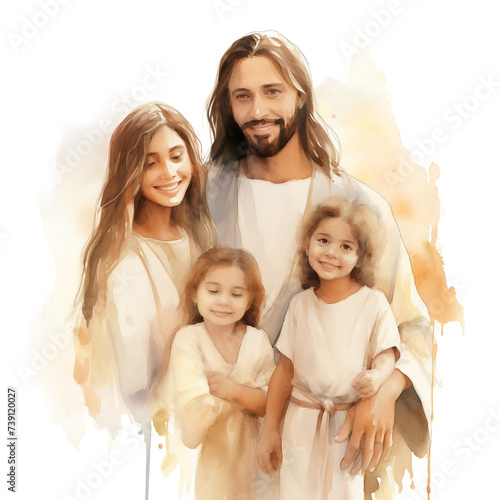 Watercolor print of Jesus, portrait of a happy family