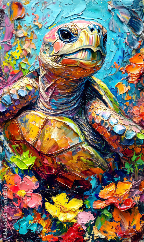 Fototapeta premium Turtle on the background of a colorful oil painting. Illustration