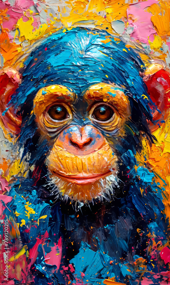 Chimpanzee oil color painting on a blue background with colorful splashes.
