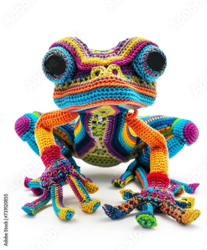 Illustration vector designs a handcrafted style amigurumi frog with detailed crochet patterns and vibrant yarn colors White background