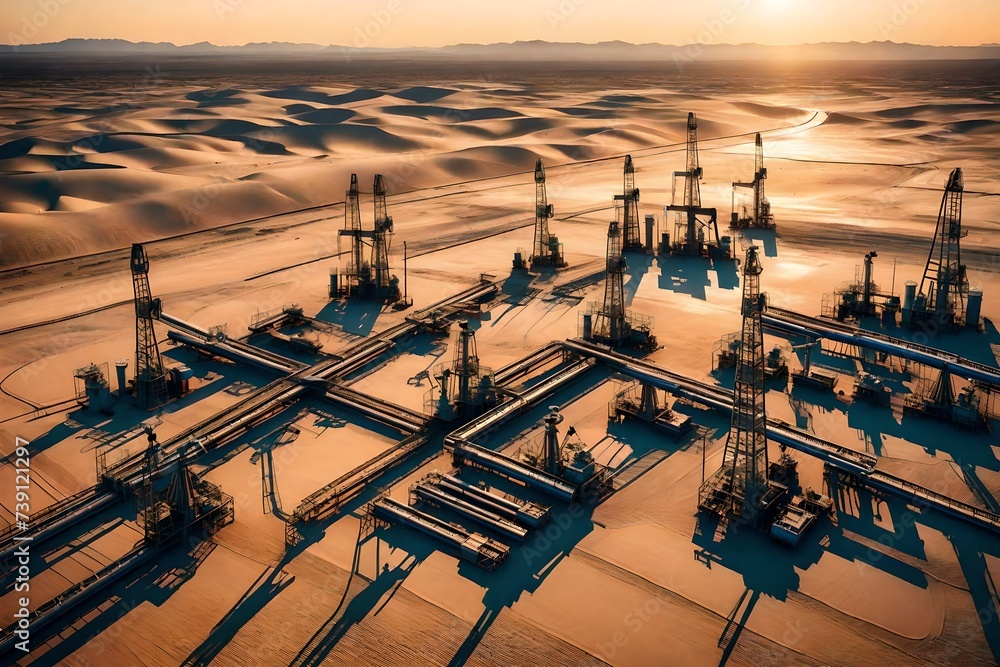 An overhead view of a desert oil field at dawn, with pumpjacks and
