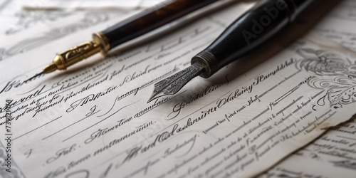 Imitation signature specimens featuring hand-drawn autographs and inked handwritten text on official papers, certificates, and agreements. photo
