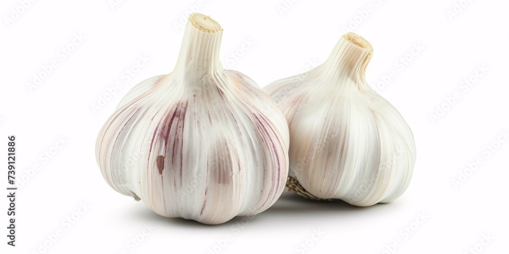 Obraz premium Pair of complete natural ivory garlic allium sativum separated on blank backdrop.