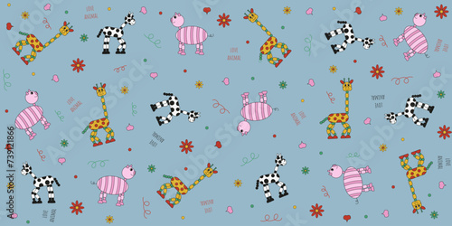 Design Children Wallpaper print with old Animal toy. Vintage Push and Shake toy ornament. Vector illustration can used fabric bed linen textile print. EPS 10 Editable stroke