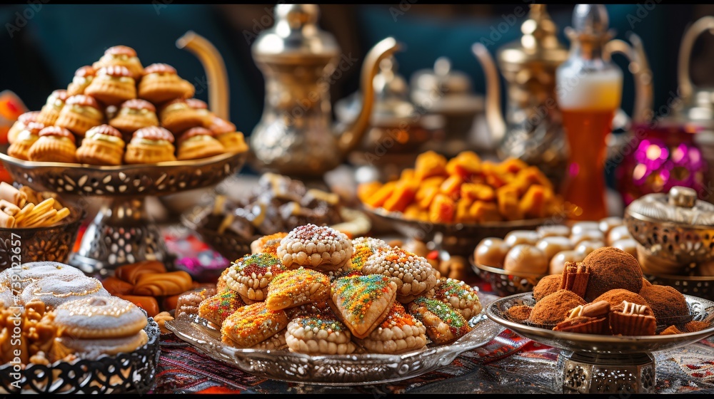 Celebrate the holy month of Ramadan with traditional Iranian pastries and prayers to God, marked by a Halal Iftar or Suhoor and Eid Mubarak greetings.