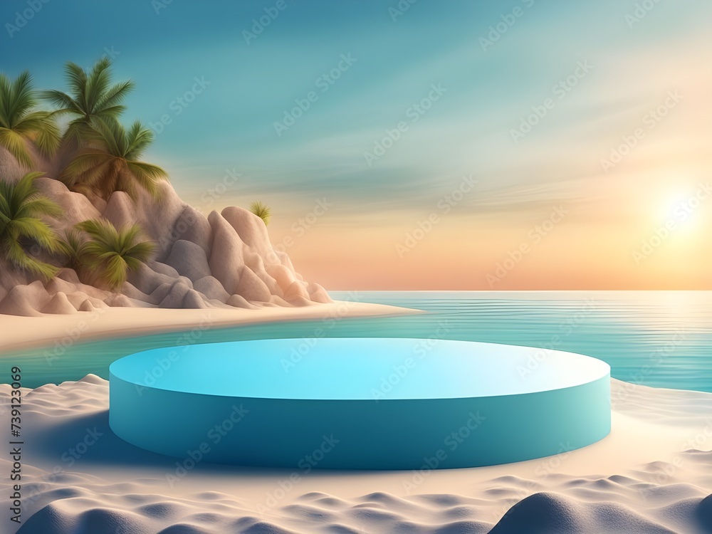 sea theme blue color round empty 3D podium product display stage in middle, realistic beach in background, with seashells and blue shades. 