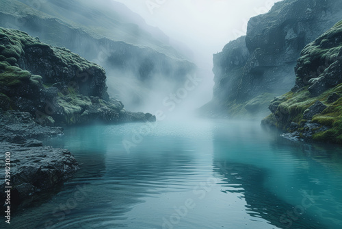 The surreal beauty of the blue lagoon  where geothermal waters meet otherworldly landscapes  creating a natural spa oasis. Concept of geothermal relaxation. Generative Ai.