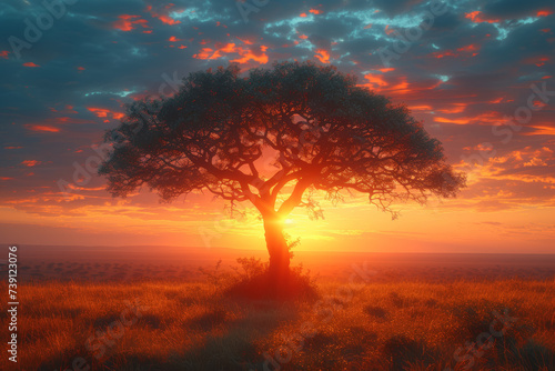 A panoramic sunrise over the plains, capturing the untamed beauty of African wildlife in their natural habitat. Concept of safari adventures. Generative Ai.