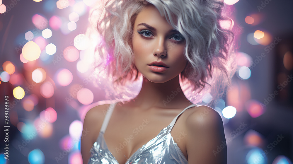 Glamorous Woman with Curly Blonde Hair and Sparkling Silver Dress Against Bokeh Lights Glamorous Woman with Curly Blonde Hair and Sparkling Silver Dress Against Bokeh Lights