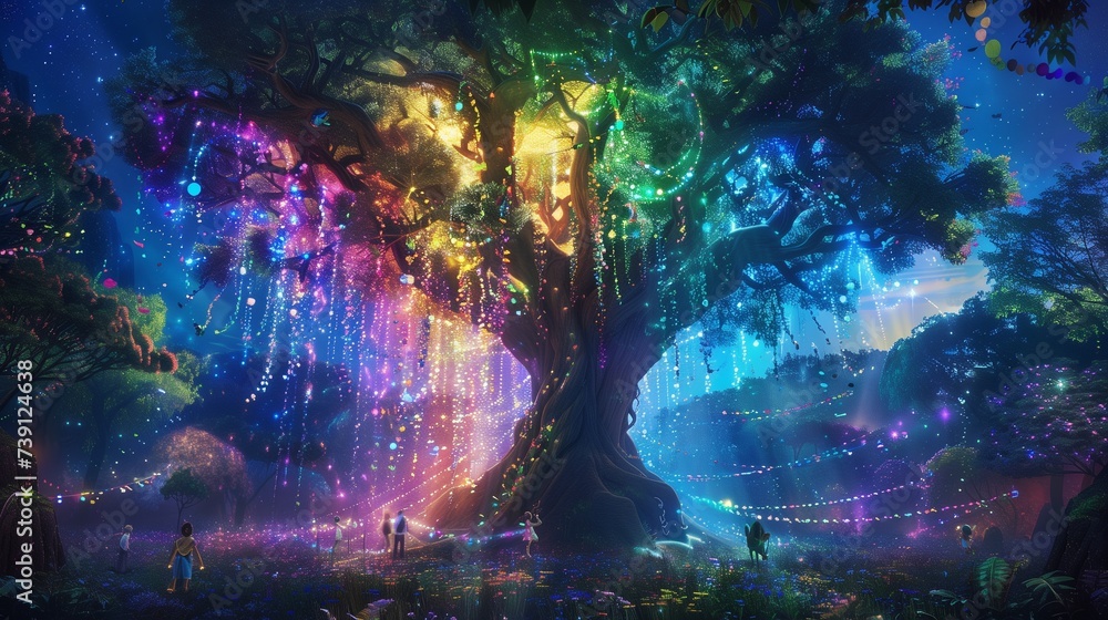 In the heart of a spectral forest, on Pride Day, a majestic tree stands tall and proud, its branches adorned with cascading ribbons of every color in the rainbow.