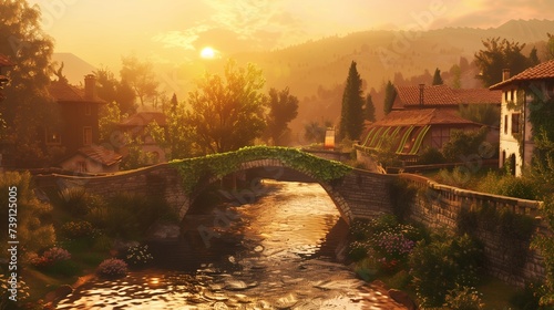 Nestled amidst rolling hills and verdant pastures  a quaint village basks in the golden glow of the setting sun.